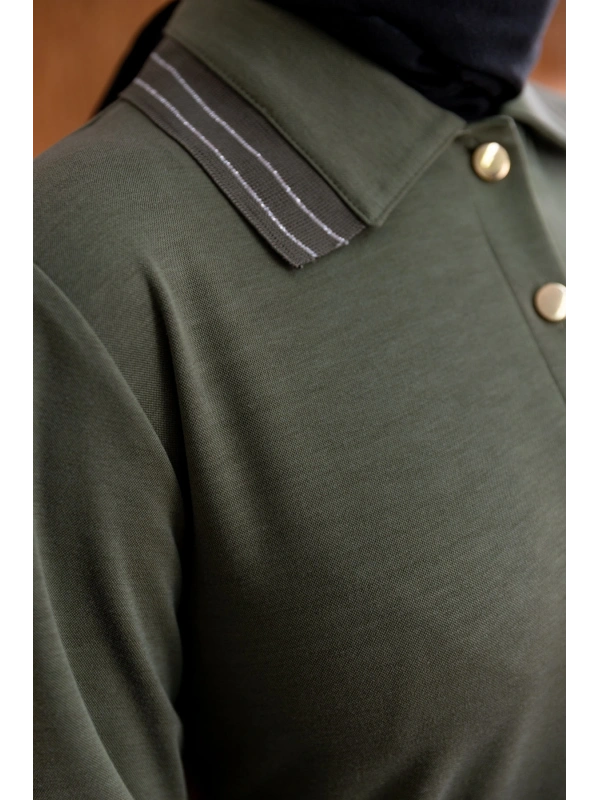 YAKASI VE MANŞETİ RİBANALI ELBİSE - HAKİ