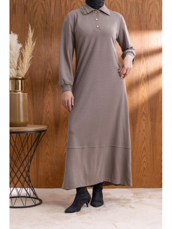 YAKASI VE MANŞETİ RİBANALI ELBİSE - VİZON