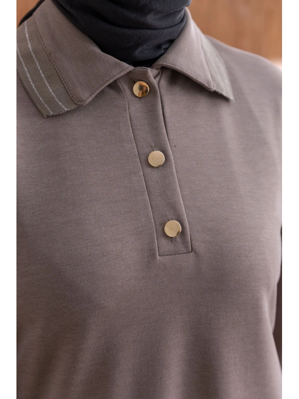 YAKASI VE MANŞETİ RİBANALI ELBİSE - VİZON