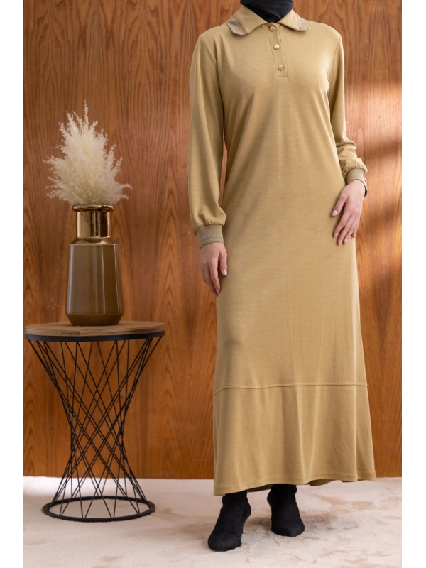 YAKASI VE MANŞETİ RİBANALI ELBİSE - HARDAL