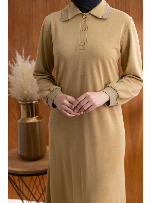 YAKASI VE MANŞETİ RİBANALI ELBİSE - HARDAL