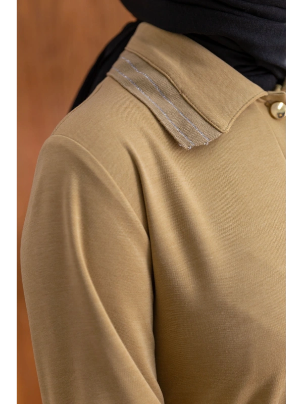 YAKASI VE MANŞETİ RİBANALI ELBİSE - HARDAL