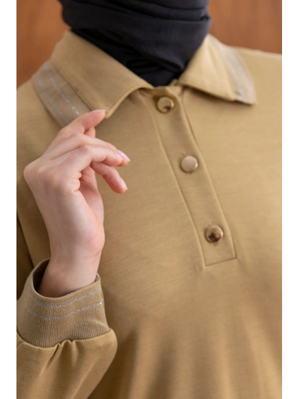 YAKASI VE MANŞETİ RİBANALI ELBİSE - HARDAL