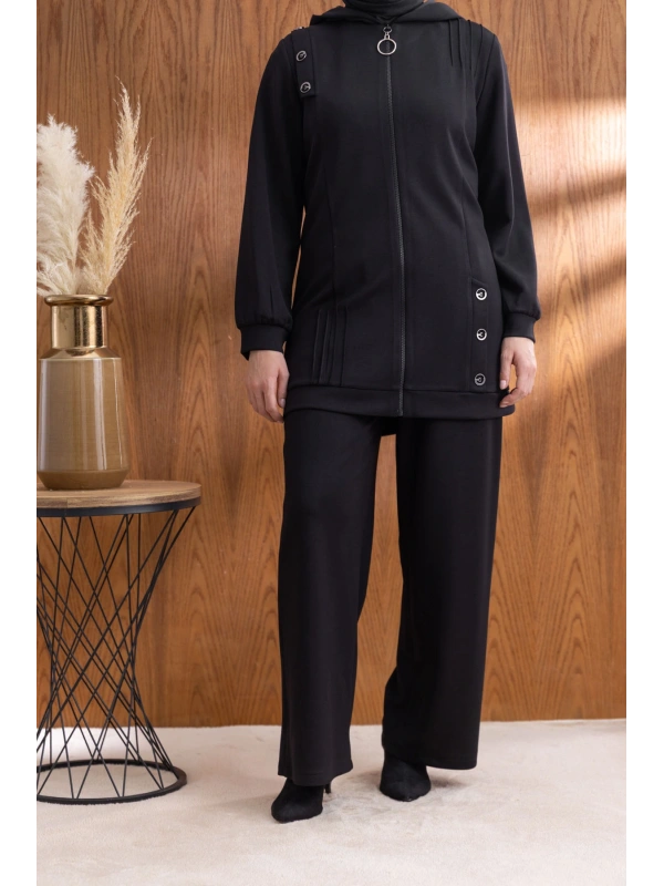 Letafet Kapüşonlu Düğme Detaylı Ceketli Pantolonlu Takım - SİYAH