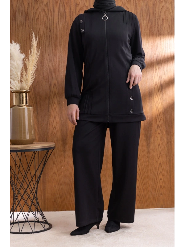 Letafet Kapüşonlu Düğme Detaylı Ceketli Pantolonlu Takım - SİYAH