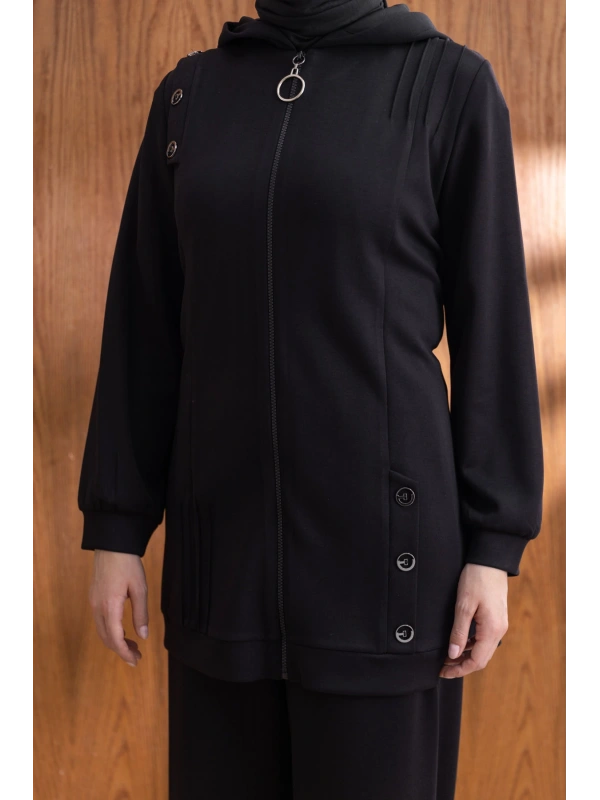 Letafet Kapüşonlu Düğme Detaylı Ceketli Pantolonlu Takım - SİYAH