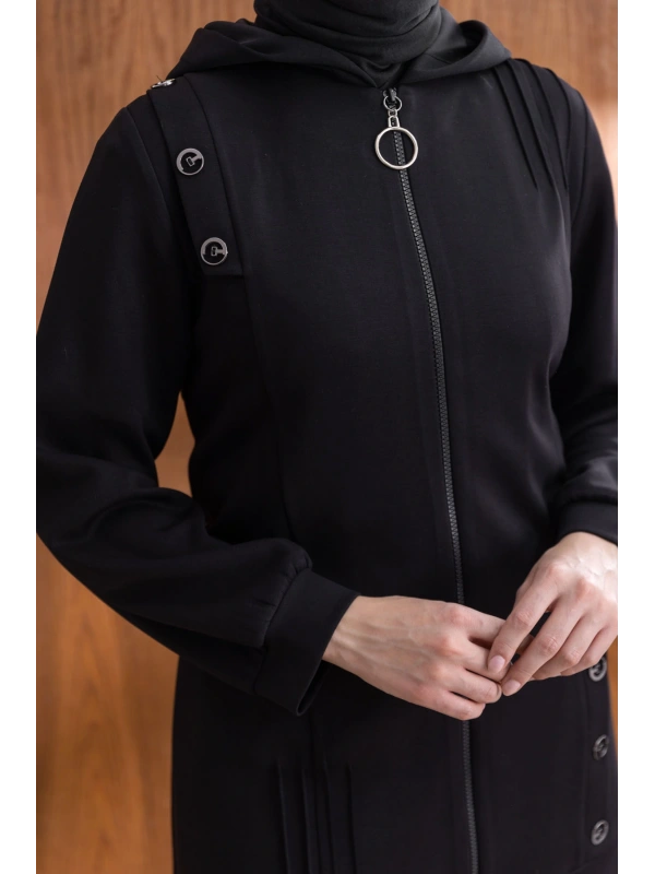 Letafet Kapüşonlu Düğme Detaylı Ceketli Pantolonlu Takım - SİYAH