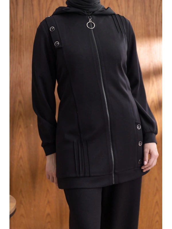 Letafet Kapüşonlu Düğme Detaylı Ceketli Pantolonlu Takım - SİYAH