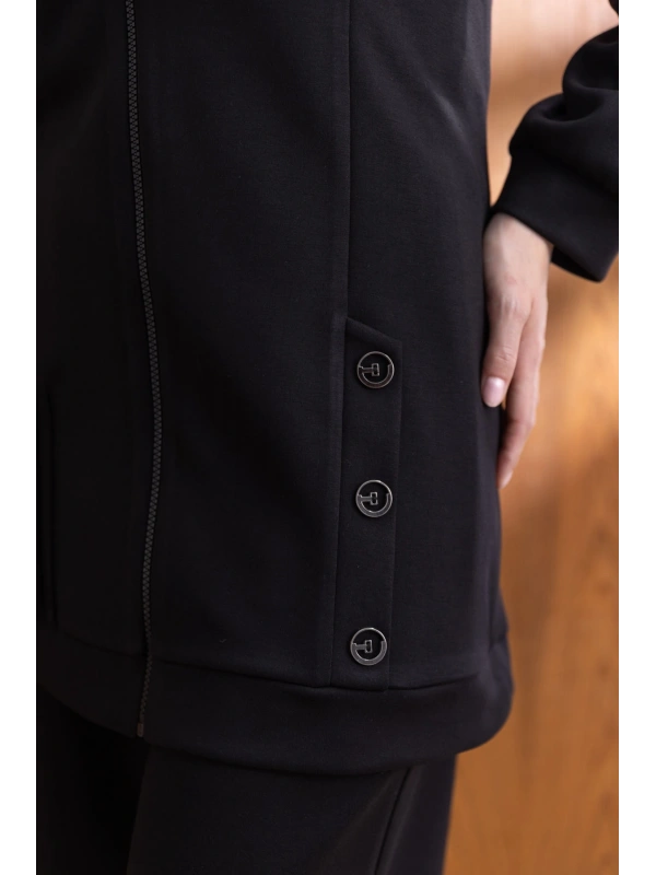 Letafet Kapüşonlu Düğme Detaylı Ceketli Pantolonlu Takım - SİYAH