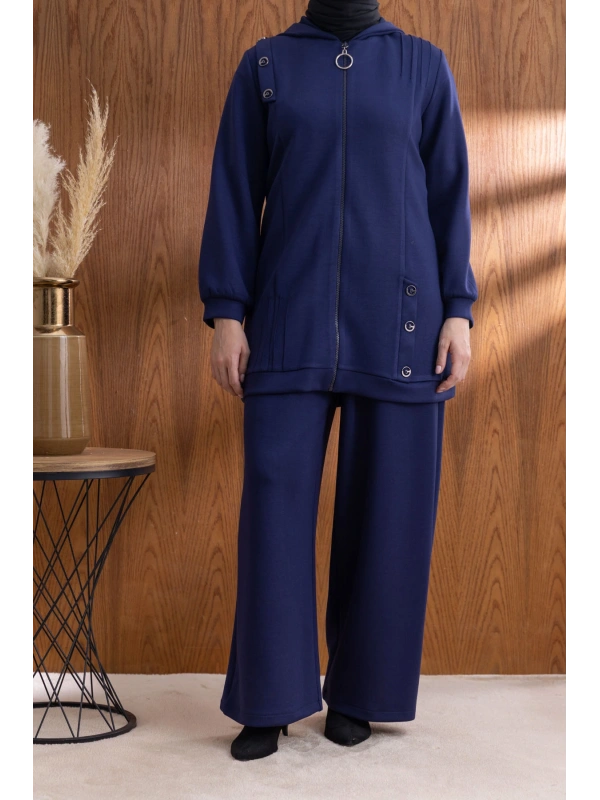 Letafet Kapüşonlu Düğme Detaylı Ceketli Pantolonlu Takım - LACİVERT