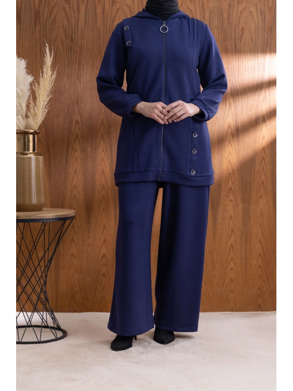Letafet Kapüşonlu Düğme Detaylı Ceketli Pantolonlu Takım - LACİVERT