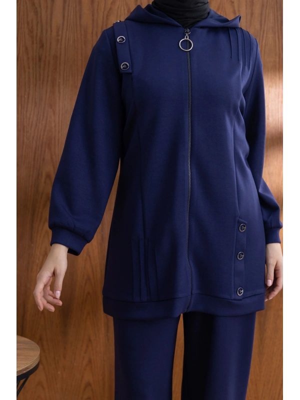 Letafet Kapüşonlu Düğme Detaylı Ceketli Pantolonlu Takım - LACİVERT