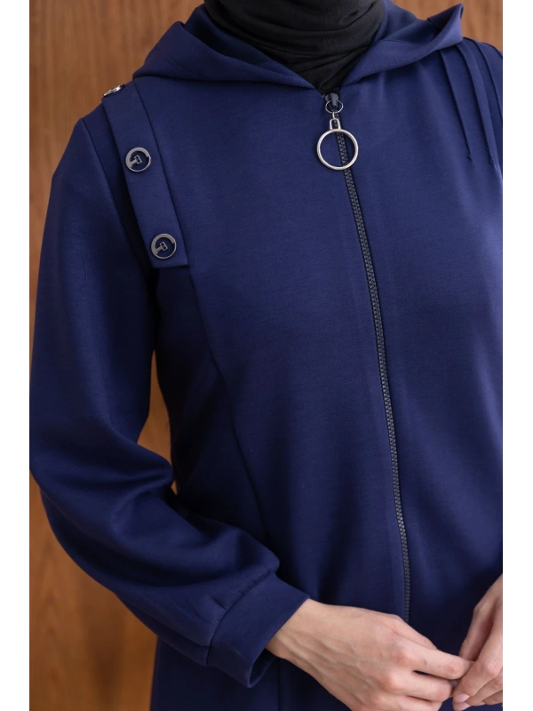 Letafet Kapüşonlu Düğme Detaylı Ceketli Pantolonlu Takım - LACİVERT