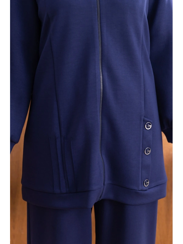 Letafet Kapüşonlu Düğme Detaylı Ceketli Pantolonlu Takım - LACİVERT