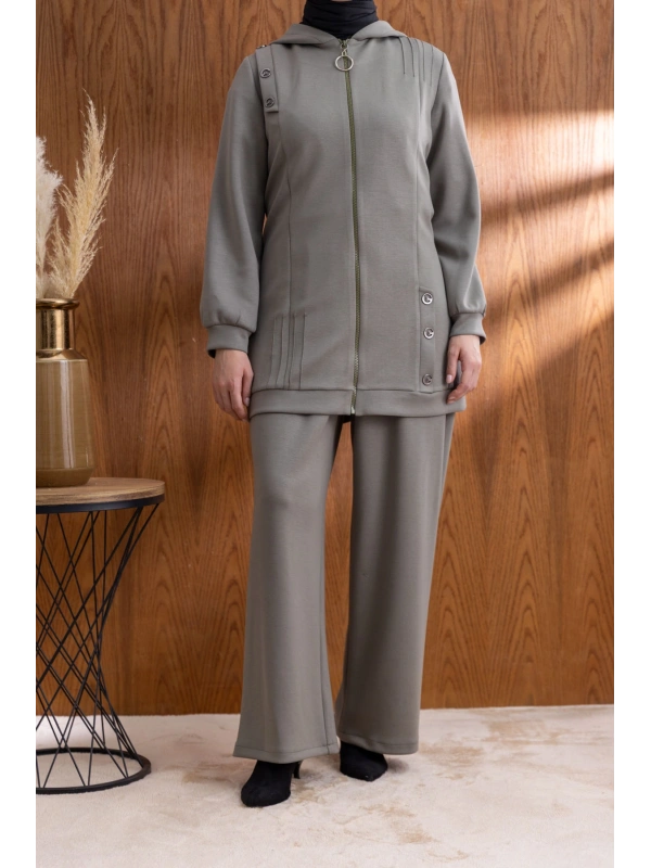 Letafet Kapüşonlu Düğme Detaylı Ceketli Pantolonlu Takım - HAKİ