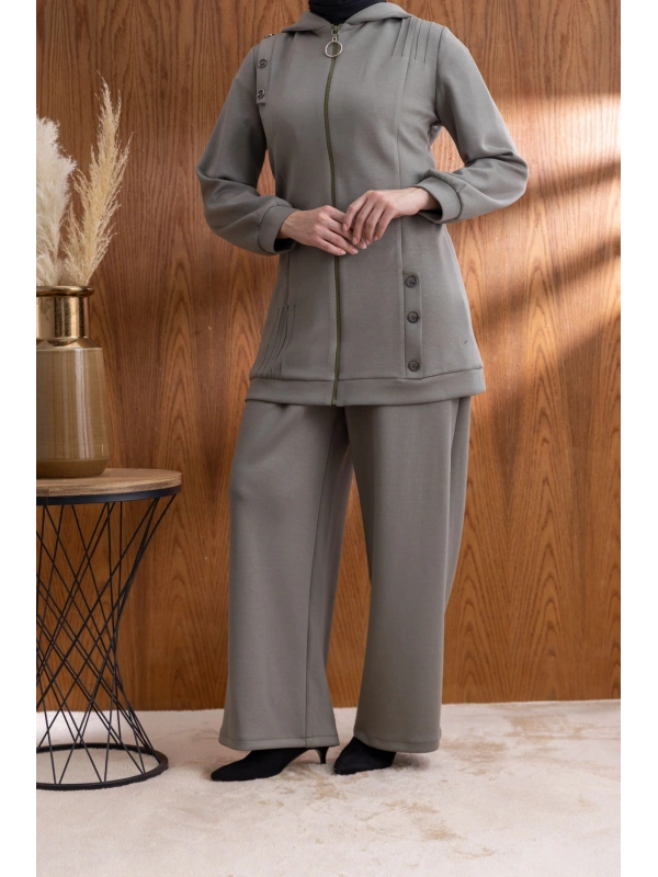 Letafet Kapüşonlu Düğme Detaylı Ceketli Pantolonlu Takım - HAKİ