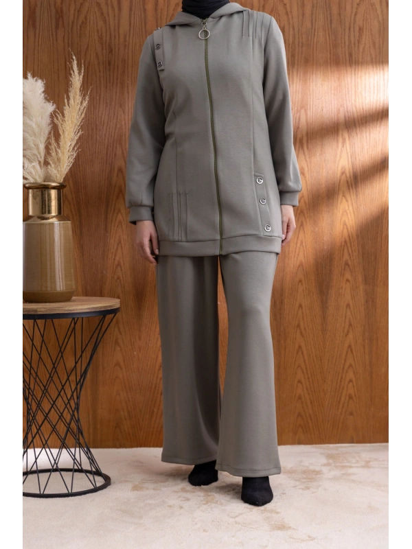 Letafet Kapüşonlu Düğme Detaylı Ceketli Pantolonlu Takım - HAKİ