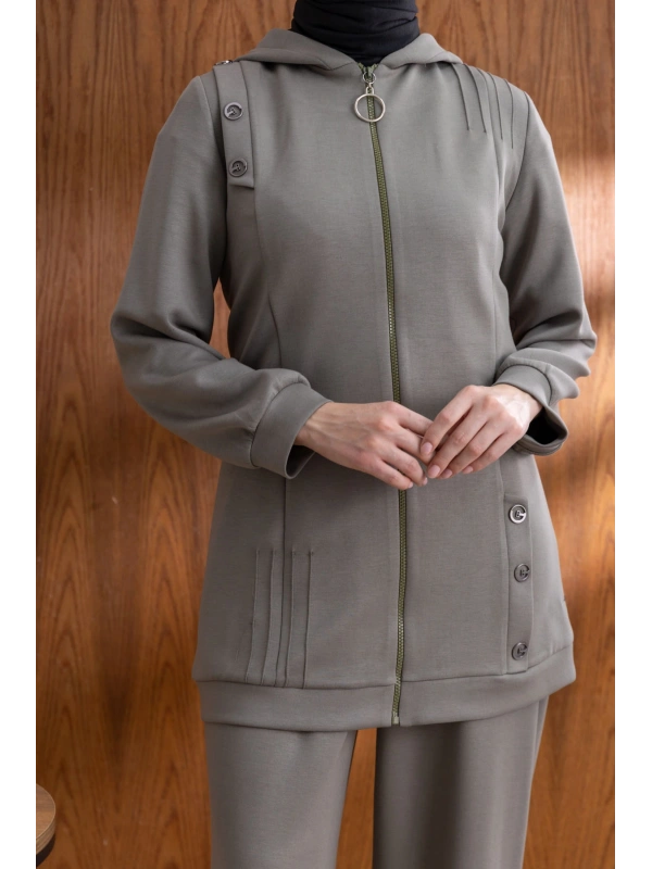 Letafet Kapüşonlu Düğme Detaylı Ceketli Pantolonlu Takım - HAKİ