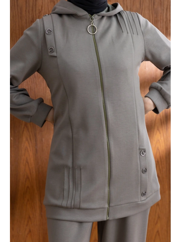 Letafet Kapüşonlu Düğme Detaylı Ceketli Pantolonlu Takım - HAKİ