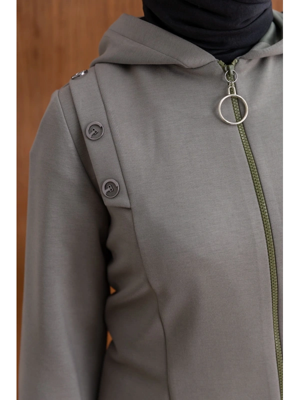 Letafet Kapüşonlu Düğme Detaylı Ceketli Pantolonlu Takım - HAKİ