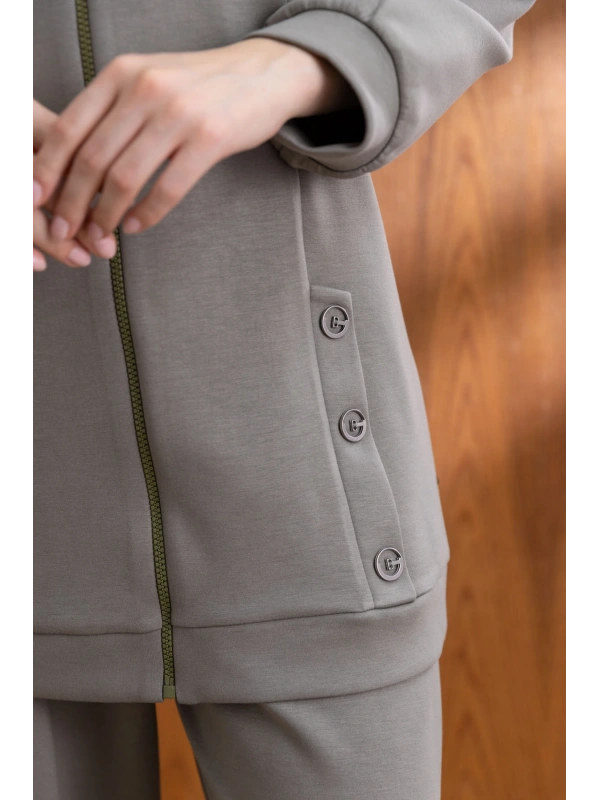 Letafet Kapüşonlu Düğme Detaylı Ceketli Pantolonlu Takım - HAKİ