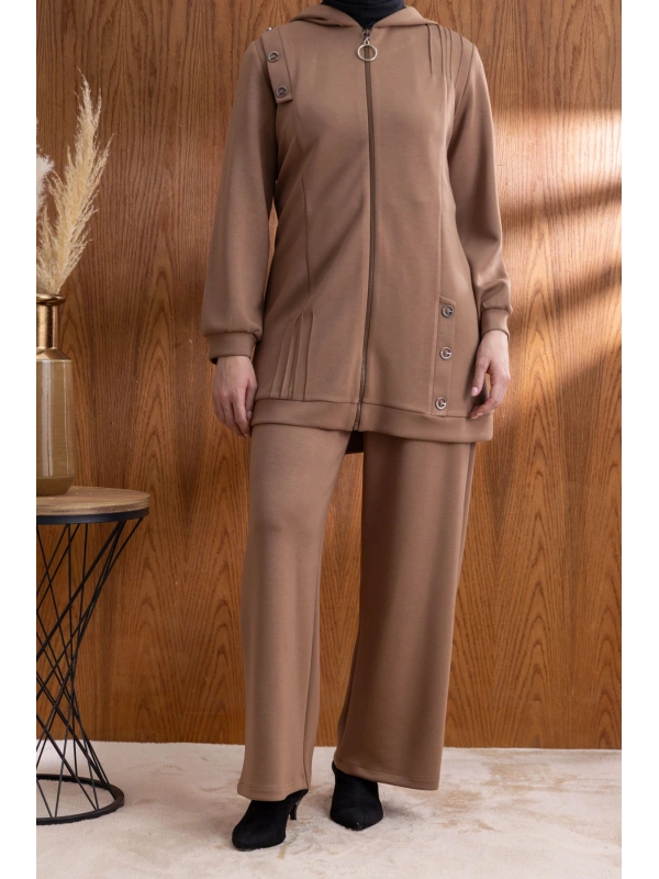Letafet Kapüşonlu Düğme Detaylı Ceketli Pantolonlu Takım - AÇIK KAHVE