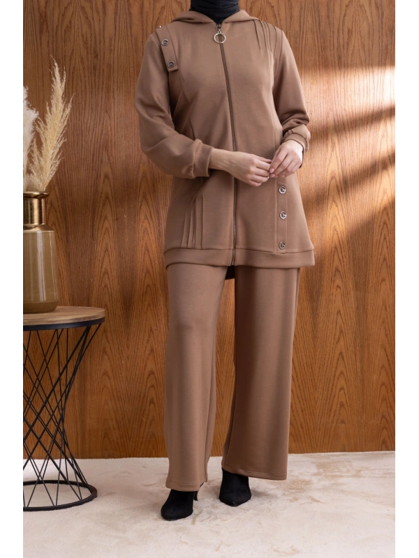Letafet Kapüşonlu Düğme Detaylı Ceketli Pantolonlu Takım - AÇIK KAHVE