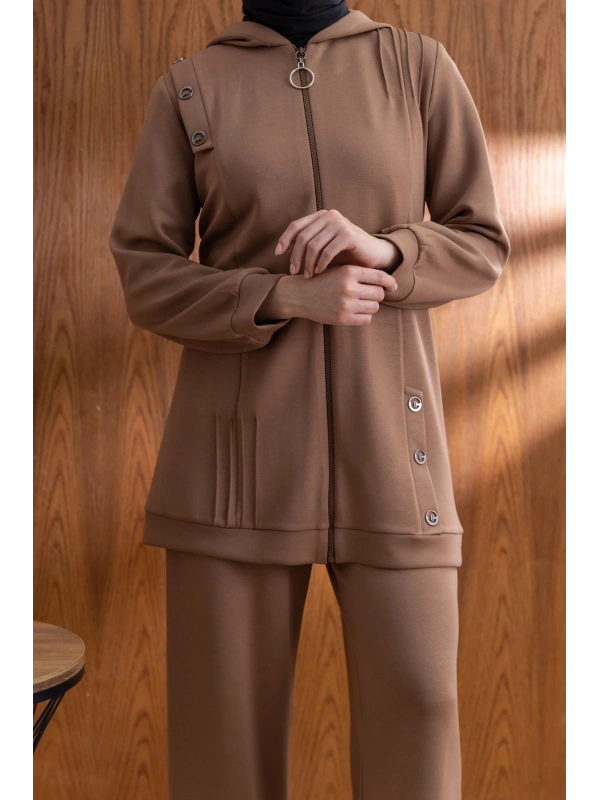 Letafet Kapüşonlu Düğme Detaylı Ceketli Pantolonlu Takım - AÇIK KAHVE
