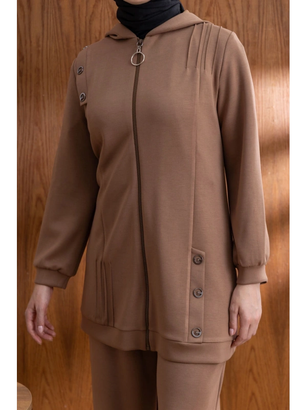 Letafet Kapüşonlu Düğme Detaylı Ceketli Pantolonlu Takım - AÇIK KAHVE