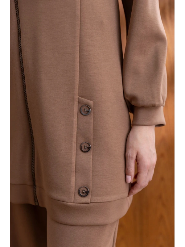 Letafet Kapüşonlu Düğme Detaylı Ceketli Pantolonlu Takım - AÇIK KAHVE