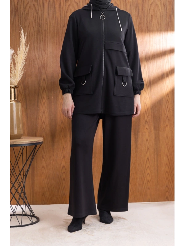 Letafet Cep Detaylı Ceketli Pantolonlu Takım - SİYAH