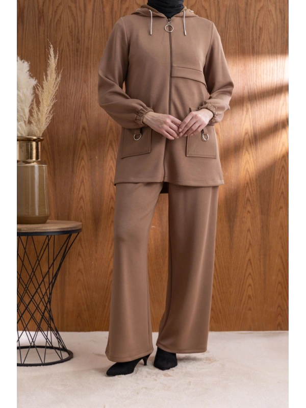 Letafet Cep Detaylı Ceketli Pantolonlu Takım - AÇIK KAHVE