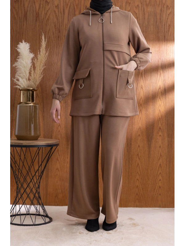 Letafet Cep Detaylı Ceketli Pantolonlu Takım - AÇIK KAHVE