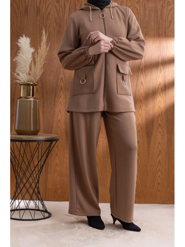 Letafet Cep Detaylı Ceketli Pantolonlu Takım - AÇIK KAHVE