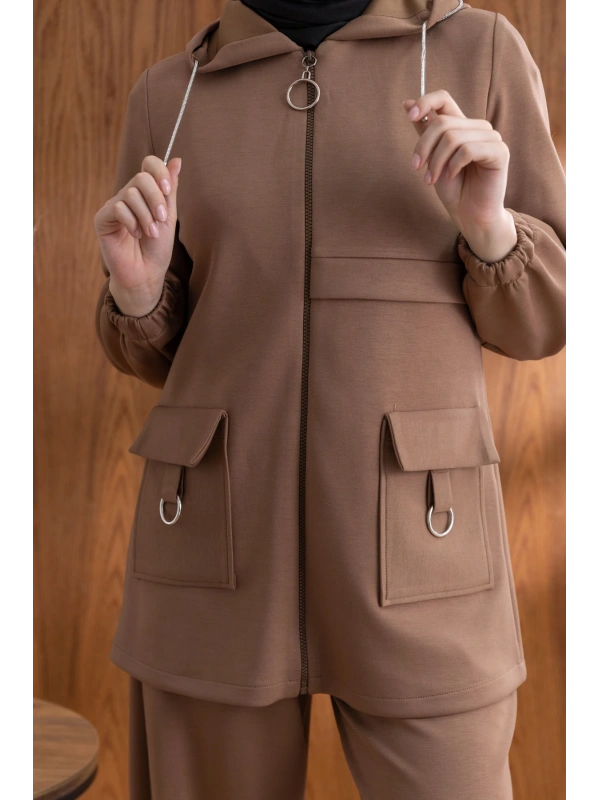 Letafet Cep Detaylı Ceketli Pantolonlu Takım - AÇIK KAHVE