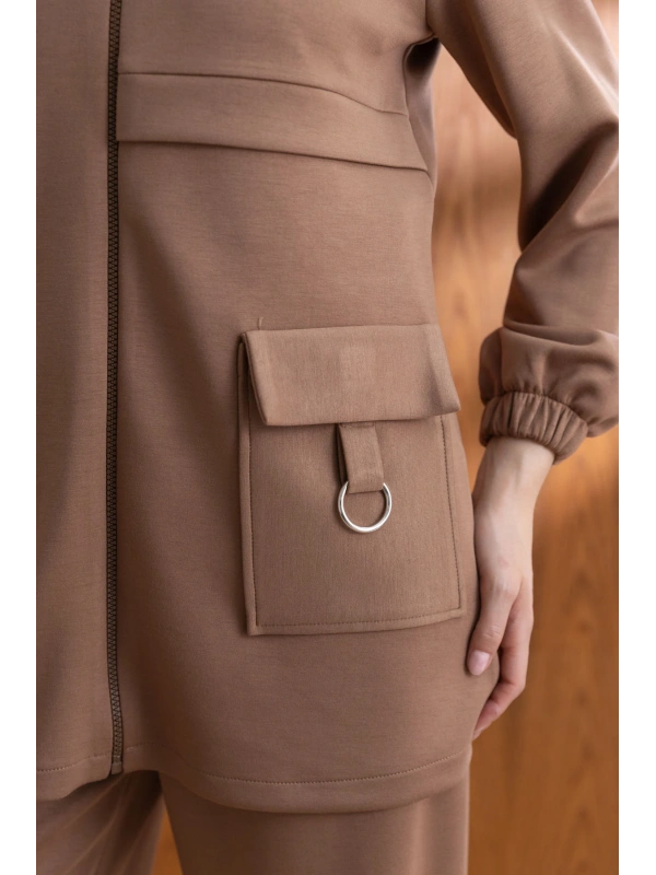 Letafet Cep Detaylı Ceketli Pantolonlu Takım - AÇIK KAHVE