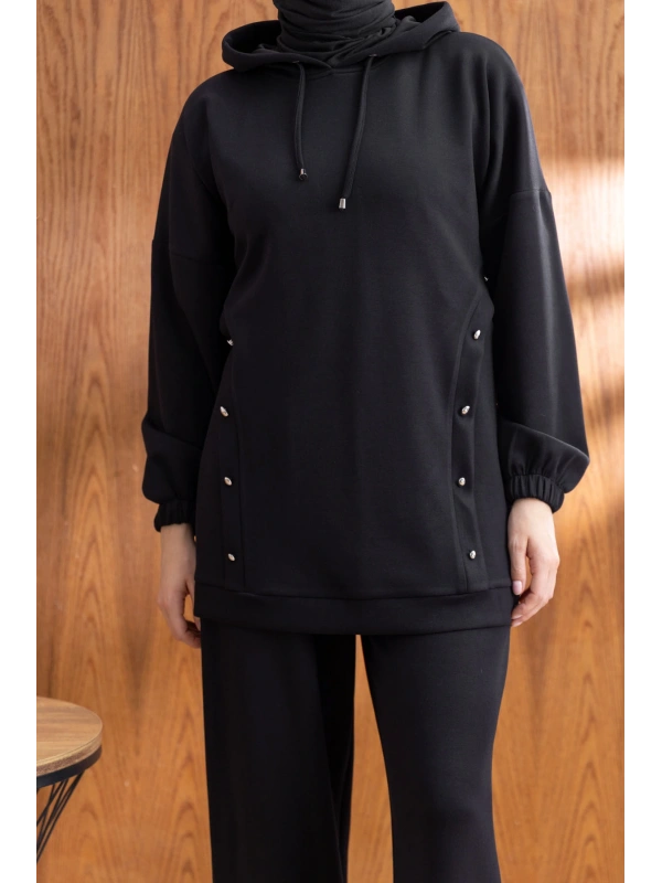 LETAFET DÜĞME ŞERİT DETAYLI KAPÜŞONLU PANTOLONLU TAKIM - SİYAH