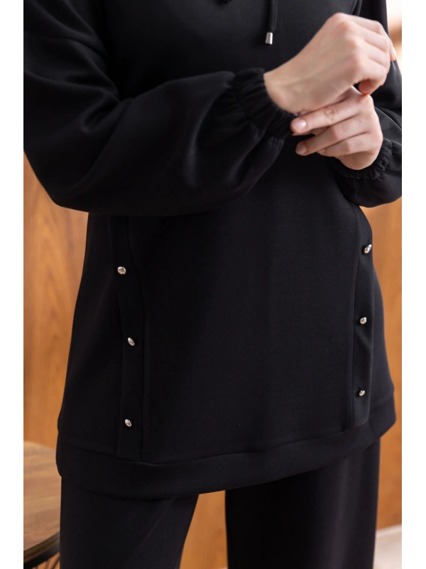 LETAFET DÜĞME ŞERİT DETAYLI KAPÜŞONLU PANTOLONLU TAKIM - SİYAH