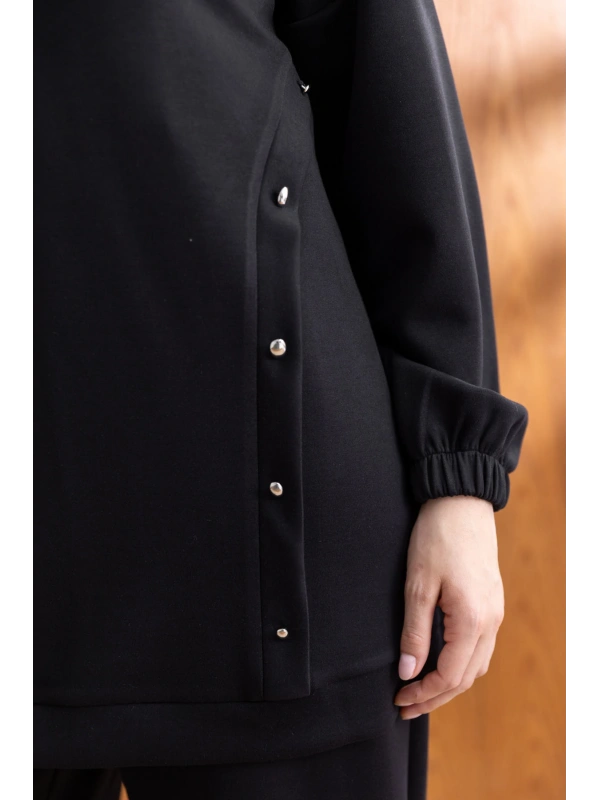 LETAFET DÜĞME ŞERİT DETAYLI KAPÜŞONLU PANTOLONLU TAKIM - SİYAH