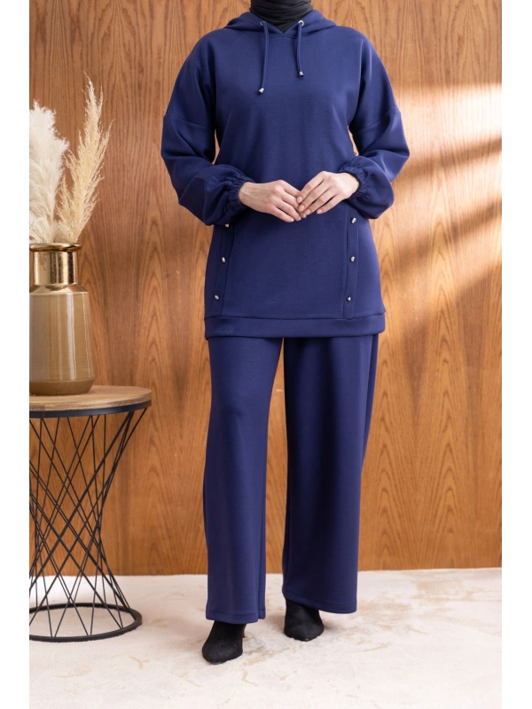 LETAFET DÜĞME ŞERİT DETAYLI KAPÜŞONLU PANTOLONLU TAKIM - LACİVERT