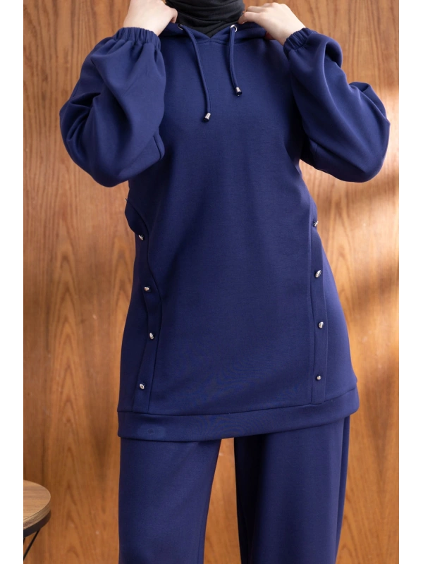 LETAFET DÜĞME ŞERİT DETAYLI KAPÜŞONLU PANTOLONLU TAKIM - LACİVERT