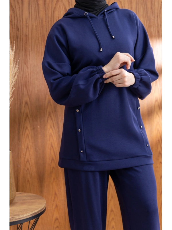 LETAFET DÜĞME ŞERİT DETAYLI KAPÜŞONLU PANTOLONLU TAKIM - LACİVERT