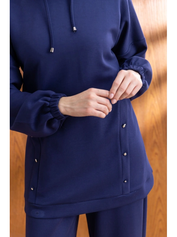 LETAFET DÜĞME ŞERİT DETAYLI KAPÜŞONLU PANTOLONLU TAKIM - LACİVERT