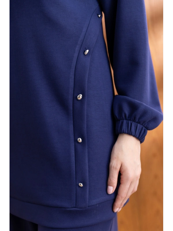 LETAFET DÜĞME ŞERİT DETAYLI KAPÜŞONLU PANTOLONLU TAKIM - LACİVERT