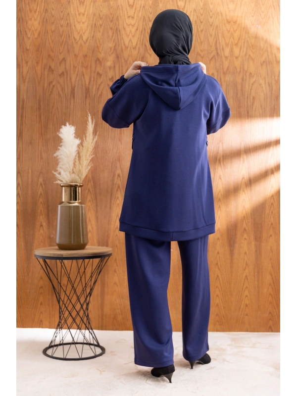 LETAFET DÜĞME ŞERİT DETAYLI KAPÜŞONLU PANTOLONLU TAKIM - LACİVERT
