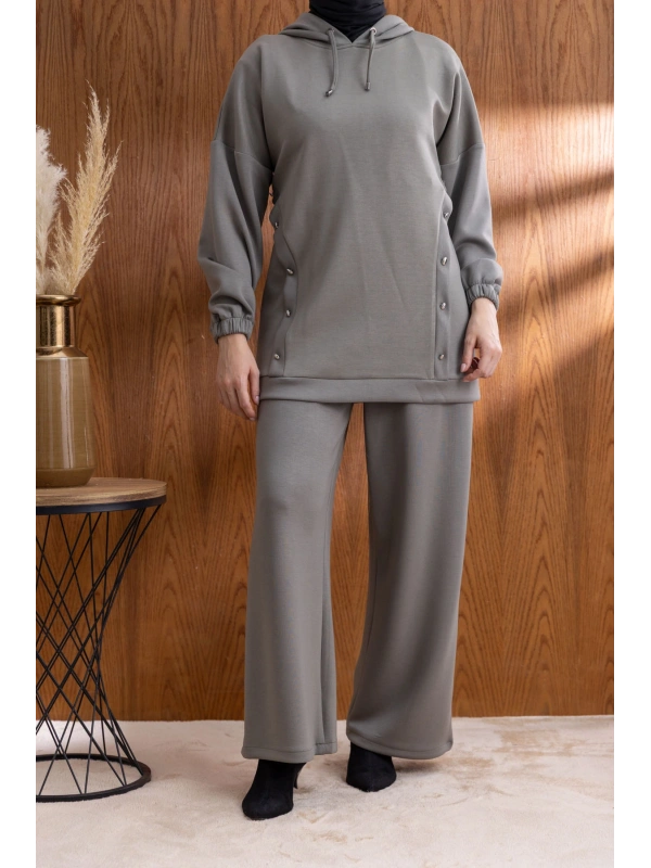 LETAFET DÜĞME ŞERİT DETAYLI KAPÜŞONLU PANTOLONLU TAKIM - HAKİ