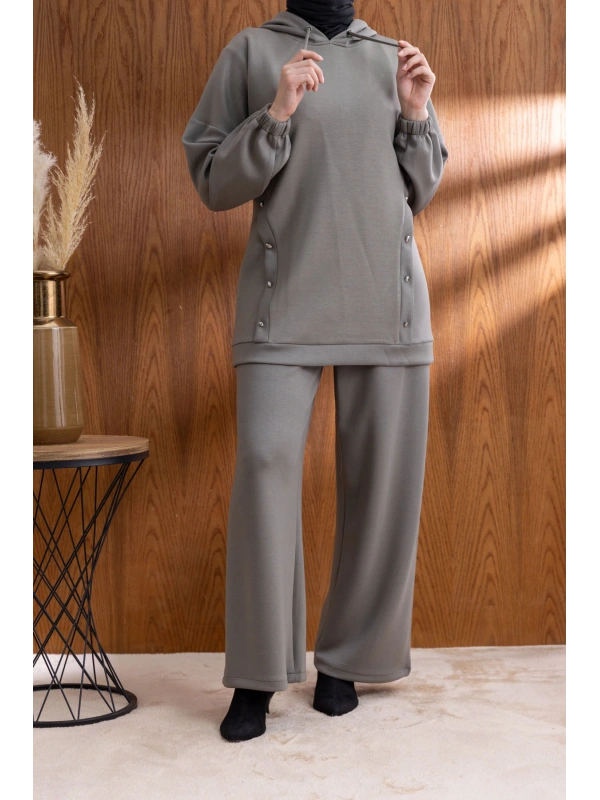 LETAFET DÜĞME ŞERİT DETAYLI KAPÜŞONLU PANTOLONLU TAKIM - HAKİ