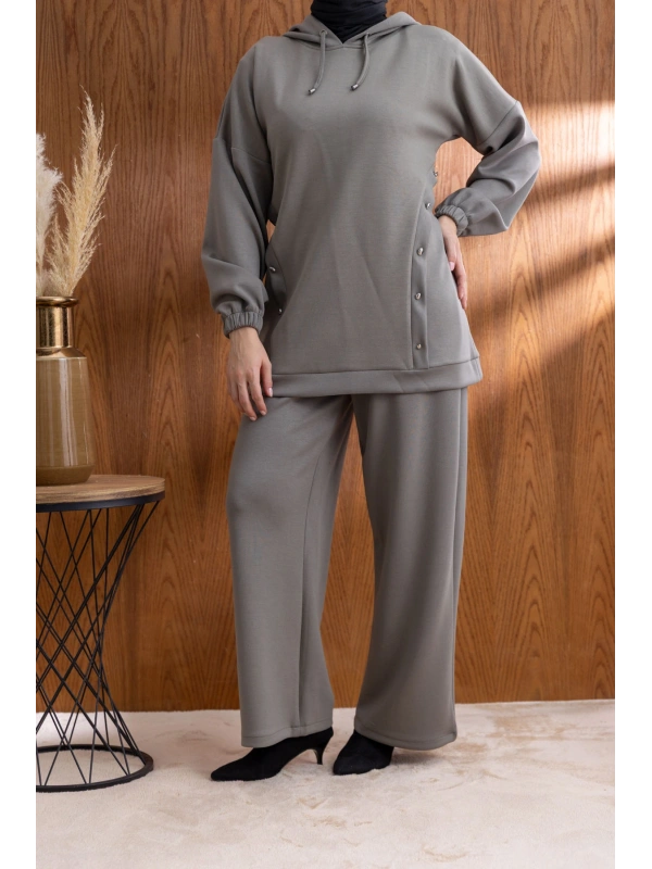 LETAFET DÜĞME ŞERİT DETAYLI KAPÜŞONLU PANTOLONLU TAKIM - HAKİ