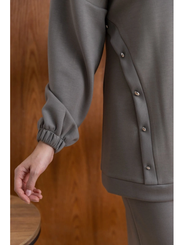 LETAFET DÜĞME ŞERİT DETAYLI KAPÜŞONLU PANTOLONLU TAKIM - HAKİ