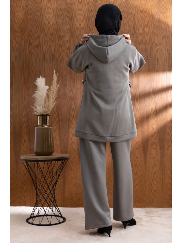 LETAFET DÜĞME ŞERİT DETAYLI KAPÜŞONLU PANTOLONLU TAKIM - HAKİ